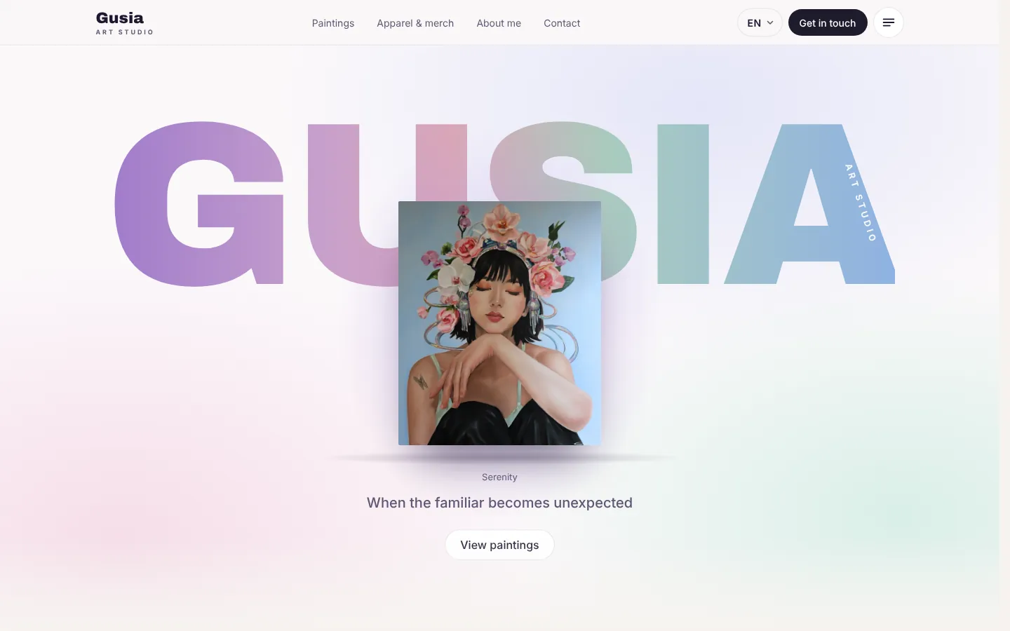 Главная страница gusiart.com в светлой пастельной теме: крупное слово GUSIA и картина «Serenity»