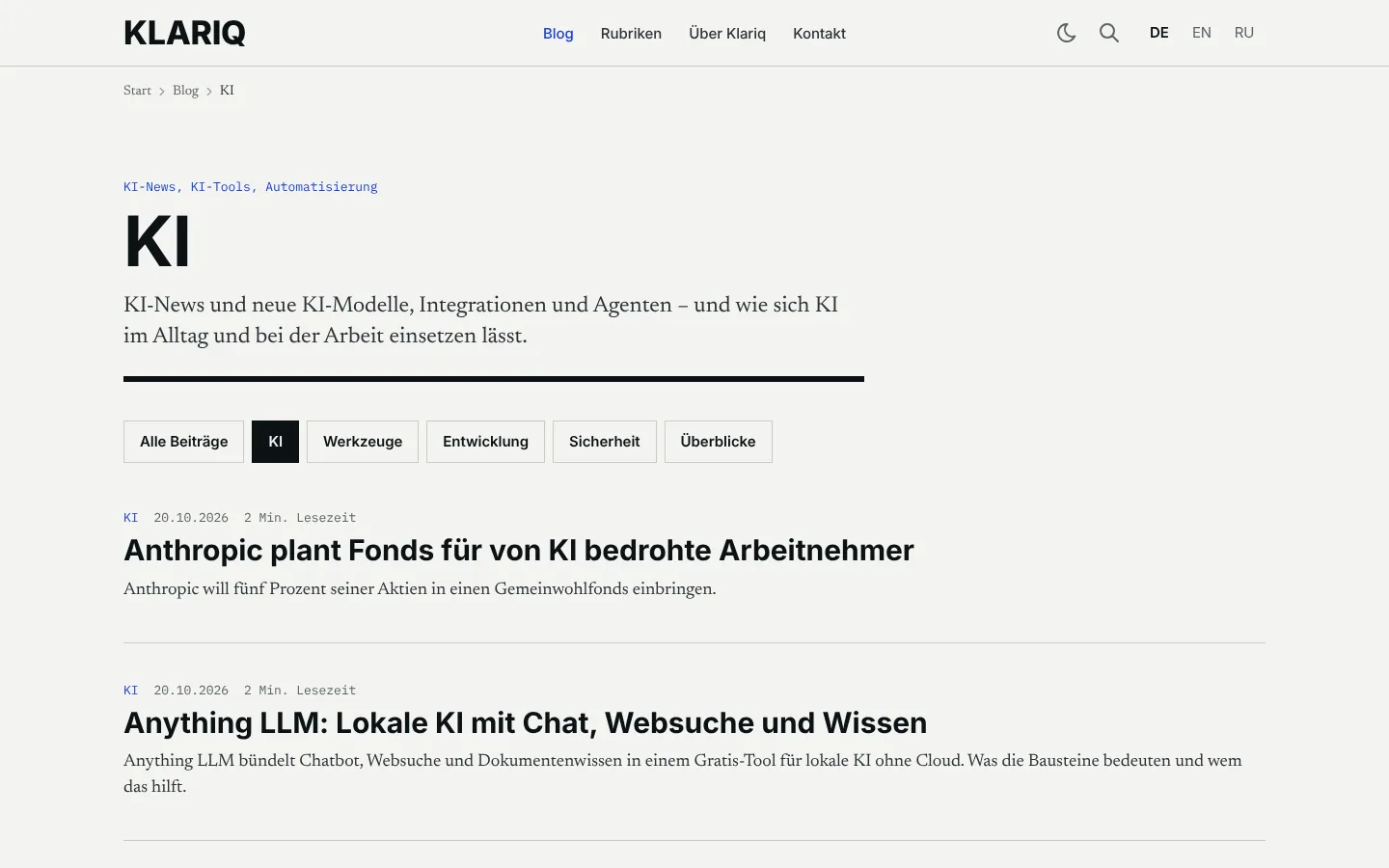 The “KI” section: description, section switcher and list of articles